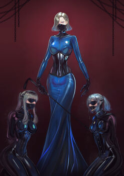 Rule 34 | 3girls, absurdres, armbinder, bdsm, black bodysuit, black corset, black gloves, blindfold, blonde hair, blue dress, blue eyes, bodysuit, bondage, bound, breasts, brown hair, commentary request, corset, dress, earrings, gag, gagged, gimp suit, gloves, grey hair, hair over one eye, highres, holding, holding riding crop, jewelry, kneeling, latex, latex bodysuit, latex dress, long hair, mask, medium breasts, medium hair, mouth mask, multiple girls, neck corset, original, panel gag, ponytail, riding crop, shiny clothes, short hair, skin tight, standing, uehame, variant set, yuri