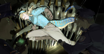 3boys absurdres argyle_clothes argyle_sweater blonde_hair brown_footwear brown_gloves brown_pants diego_brando dinosaur dinosaur_boy dinosaur_tail flashlight fossil glasgow_smile gloves hat highres hineshika holding holding_flashlight holding_walkie-talkie jojo_no_kimyou_na_bouken long_hair long_sleeves male_focus multiple_boys museum open_mouth pants police sharp_teeth solo_focus steel_ball_run sweater tail teeth walkie-talkie