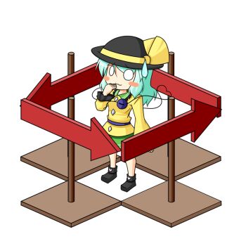 Rule 34 | 1girl, :3, arrow (symbol), blush stickers, female focus, gameplay mechanics, hat, heart, heart of string, komeiji koishi, komeiji satori no jousou kyouiku, o o, solo, sweatdrop, third eye, touhou, urushi, white background