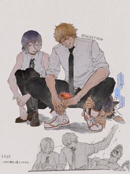 1girl 2boys bare_shoulders beam_(chainsaw_man) black_choker black_necktie black_pants black_ribbon black_thighhighs blonde_hair blush breasts brown_shoes chainsaw_man choker closed_mouth collared_shirt denji_(chainsaw_man) flower furrowed_brow gerbera grenade_pin grey_background grin hair_between_eyes hair_bun highres holding holding_flower hugging_own_legs loafers looking_at_another medium_breasts medium_hair multiple_boys neck_ribbon necktie pants purple_hair q6q6tikin red_flower reze_(chainsaw_man) ribbon shark_boy sharp_teeth shirt shoes short_hair sleeveless sleeveless_shirt sleeves_rolled_up smile sneakers squatting sweat teeth thighhighs twintails updo white_flower white_shirt white_shoes