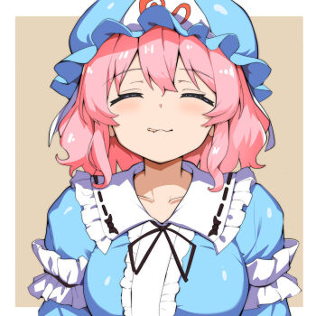 1girl blue_hat blue_kimono breasts closed_eyes closed_mouth commentary facing_viewer food food_in_mouth hat highres japanese_clothes kimono large_breasts medium_hair mob_cap new_kamiyan pink_hair pocky pocky_day pocky_in_mouth saigyouji_yuyuko solo touhou upper_body