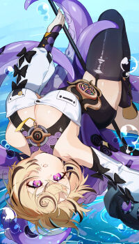 1girl absurdres black_hair black_thighhighs blonde_hair breasts chawarabi cleavage commentary_request detached_sleeves garter_straps highres holding holding_polearm holding_weapon large_breasts long_sleeves monster_girl parted_lips polearm purple_eyes scylla short_hair solo tentacles thighhighs weapon yidhari_murphy zenless_zone_zero