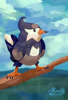 artist_name bird cloud day english_text gen_4_pokemon highres nintendo no_humans novaswarm outdoors pokemon pokemon_(creature) solo staravia