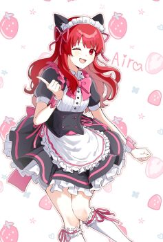 1girl ;d animal_ear_fluff animal_ears apron black_dress bow cat_ears character_name clenched_hand collared_dress dress dress_bow food frilled_apron frilled_dress frilled_garter frills fruit gyeol_(gyeol_1231) hair_ribbon harune_aira highres index_finger_raised kneehighs knees_together_feet_apart layered_dress legwear_garter long_hair looking_at_viewer maid maid_apron maid_headdress medium_dress one_eye_closed open_mouth outline pink_bow pink_ribbon pretty_rhythm pretty_rhythm_aurora_dream pretty_series red_eyes red_hair ribbon ribbon-trimmed_garter short_sleeves smile socks solo standing straight_hair strawberry white_apron white_background white_garter white_outline white_socks wrist_cuffs