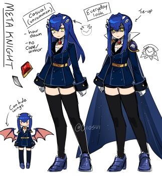 1girl :| bat_wings belt bike_shorts black_shorts black_thighhighs blue_cape blue_hair blue_jacket blue_shoes blue_skirt boots breasts buttoned_cuffs buttons cape character_name cio_(ciosui) closed_mouth coat collarbone commentary doodle_inset dot_nose double-breasted dress english_commentary full_body gem genderswap genderswap_(mtf) gloves hair_intakes high-waist_belt high_heel_boots high_heels highres jacket kirby_(series) long_hair long_sidelocks long_sleeves looking_at_viewer meta_knight miniskirt multiple_expressions multiple_views nintendo personification pointing_out_the_details red_gem reference_sheet shoes short_hair shorts sidelocks skirt small_breasts standing thighhighs twitter_username white_gloves wings yellow_belt yellow_eyes