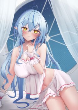 1girl ahoge bare_shoulders blue_hair blush breasts camisole cleavage collarbone colored_tips commentary_request elf frilled_wrist_cuffs frills hair_between_eyes hair_ornament hololive large_breasts long_hair looking_at_viewer multicolored_hair navel official_alternate_costume official_alternate_hairstyle open_mouth pink_trim pointy_ears skirt sleepwear smile solo stomach virtual_youtuber wasami white_camisole white_skirt white_wrist_cuffs wrist_cuffs yellow_eyes yukihana_lamy yukihana_lamy_(roomwear)
