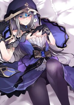 1girl ? absurdres adina_savic bare_shoulders bed_sheet black_collar black_gloves black_panties black_pantyhose black_survival blue_eyes blue_gemstone blush breasts cleavage collar commentary commission detached_collar dress eternal_return:_black_survival gem gloves gold_trim gradient_clothes gradient_dress grey_hair haagyu hand_on_own_chest highres knee_up korean_commentary long_hair looking_at_viewer lying medium_breasts nervous_sweating on_back on_bed panties pantyhose pillow pixiv_commission purple_dress purple_veil sleeveless sleeveless_dress solo speech_bubble staring sweat underwear veil