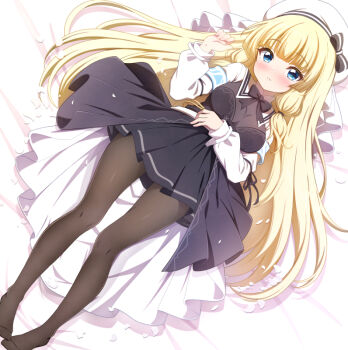 1girl armband assault_lily bed_sheet beret black_bow black_bowtie black_dress black_ribbon blonde_hair blue_armband blue_eyes blunt_bangs blush bodystocking bow bowtie breasts brown_pantyhose closed_mouth commentary_request dress feet_out_of_frame hand_on_own_stomach hand_up hat hat_bow layered_dress long_hair long_sleeves looking_at_viewer low-tied_sidelocks lying medium_breasts on_back pantyhose petals ribbon school_uniform shrug_(clothing) sidelocks sleeve_ribbon solo strapless strapless_dress striped_bow sui._(ayase) tachihara_sayu very_long_hair waist_cape white_hat white_shrug yurigaoka_girls_academy_school_uniform