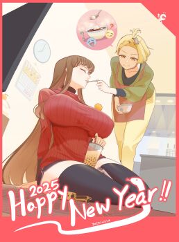 2025 2girls absurdres apron bent_over black_bodystocking black_thighhighs blonde_hair breasts brown_hair bubble_tea calendar_(object) clock closed_eyes coin44 commentary_request controller dated dolphin_shorts dutch_angle feeding food food_on_body food_on_breasts fruit happy_new_year highres holding holding_spoon huge_breasts impossible_clothes impossible_sweater indoors kitchen long_hair mandarin_orange mochi multiple_girls new_year nintendo_switch oppai_mochi red_sweater remote_control ribbed_sweater shorts sitting spoon standing sweater taut_clothes taut_sweater television thighhighs very_long_hair yokozuwari