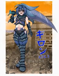 1girl 2023 absurdres blue_hair boots border breasts building cosplay debris destruction engi_(animation_studio) gamera_(series) gamera_-rebirth- giant giant_monster giantess gloves guiron guiron_(cosplay) highres humanization japanese_text kadokawa kaiju looking_at_viewer midriff monster monster_girl navel ocean personification red_eyes rubble serrated_blade serrated_sword sharp_teeth small_breasts smile sword teeth twilight water weapon white_border yanagi_zaki