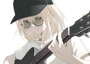 Rule 34 | 1girl, acoustic guitar, bang dream!, bang dream! it's mygo!!!!!, baseball cap, black hat, blonde hair, commentary request, guitar, hair between eyes, hat, instrument, medium hair, misumi uika, music, playing guitar, playing instrument, purple eyes, revision, rhapsode, shirt, short sleeves, sidelocks, simple background, solo, sunglasses, white background, white shirt