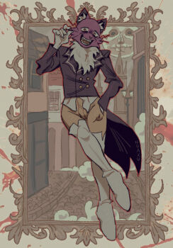 1boy artist_name boots breeches cat_mask fear_&amp;_hunger fear_&amp;_hunger_(series) fear_&amp;_hunger_2:_termina framed full_body fur_trim gloves hand_in_pocket highres jacket long_sleeves mask moon nekomanxiy open_mouth pants pocketcat_(fear_&amp;_hunger) purple_jacket rher_(fear_&amp;_hunger) shirt thigh_boots whiskers white_gloves white_pants