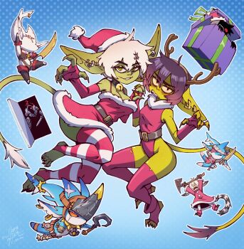 absurdres antlers armor artist_self-insert axe bell belt black_skin blush candy_cane_print character_request choker christmas claws colored_skin door earrings female_goblin full_armor gift goblin goblin_slayer goblin_slayer! green_eyes green_skin hat helmet highres holding holding_axe holding_hands holding_shield holding_staff holding_sword holding_weapon hood hood_up hoodie hoop_earrings horns jewelry large_ears looking_at_viewer multiple_earrings open_door original pointy_ears purple_hair red_thighhighs reindeer_antlers santa_costume santa_hat shield staff sword tail thighhighs visor_(armor) weapon white_hair za1f0n