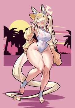 1girl absurdres aged_up alternate_breast_size_(larger) animal_ear_fluff animal_ears blonde_hair blue_archive breasts clothing_cutout commentary_request covered_navel cross_halo curvy diamond_cutout fox_ears fox_girl fox_tail hair_ornament halo highleg highleg_one-piece_swimsuit highres jacket large_breasts long_hair mold_(pixiv6616319) official_alternate_costume official_alternate_hairstyle one-piece_swimsuit orange-tinted_eyewear orange_eyes pink_background seia_(blue_archive) seia_(swimsuit)_(blue_archive) side_ponytail small_breasts solo star_(symbol) star_hair_ornament sunglasses swimsuit tail thick_thighs thighs tinted_eyewear visor_cap white_one-piece_swimsuit yellow_halo yellow_jacket yellow_visor