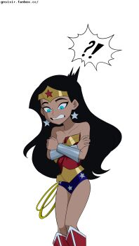 ! !? 1girl absurdres accidental_exposure aged_down bare_shoulders black_hair blue_eyes boots bracer breasts dc_comics dcau earrings embarrassed feet_out_of_frame female_focus gnsisir highres jewelry justice_league justice_league_unlimited lasso leotard loli long_hair simple_background small_breasts solo spoken_exclamation_mark standing star_(symbol) superhero_costume tiara toon_(style) wardrobe_malfunction wonder_woman wonder_woman_(series)