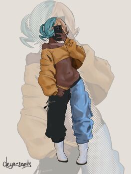 Rule 34 | 1girl, abs, aqua hair, bandeau, blonde hair, blue eyes, breasts, canari (pokemon), commentary, contrapposto, covered erect nipples, curvy, deynesarts, full body, gen 4 pokemon, groin, highleg, highleg panties, highres, jacket, large breasts, mask, mouth mask, multicolored hair, narrow waist, navel, nintendo, panties, pants, pokemon, pokemon legends: z-a, pubic hair, pubic hair peek, rotom, rotom phone, shoes, simple background, solo, split-color hair, standing, stomach, thick thighs, thighs, thong, twintails, two-tone pants, underwear, white background, white shoes, wide hips, yellow bandeau, yellow jacket