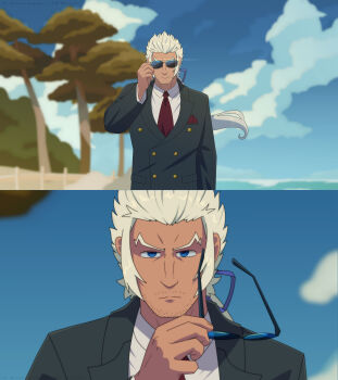 Rule 34 | 1boy, absurdres, black jacket, blue eyes, blue ribbon, catovyen, classicaloid, cloud, collared shirt, facial hair, glint, highres, holding, holding removed eyewear, jacket, johann sebastian bach (classicaloid), male focus, mature male, mustache stubble, necktie, ponytail, red necktie, removing eyewear, ribbon, shirt, sparse stubble, stubble, summer, sunglasses, unworn eyewear, v-shaped eyebrows, white hair, white shirt