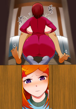 1boy 2girls 2koma absurdres ass back backboob bed bed_sheet blush breast_envy breasts brown_hair character_request comic copyright_request cum door ejaculation feet from_behind hair_ornament highres huge_ass huge_breasts implied_paizuri kneeling large_breasts multiple_girls orange_hair paizuri peeking purple_eyes ribbon sequential soles sweater thighhighs voyeur_pov watching yukichi100yu