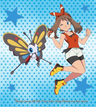1girl beautifly bike_shorts bike_shorts_under_shorts black_shorts blue_background blue_eyes bow brown_hair colored_sclera fanny_pack gen_3_pokemon hairband highres holding holding_poke_ball may_(pokemon) miyuki_tsukiyono nintendo one_eye_closed poke_ball pokemon pokemon_(anime) pokemon_(creature) pokemon_oras pokemon_rse_(anime) red_hairband red_shirt red_tank_top shirt shoes short_hair shorts sleeveless sleeveless_shirt smile tank_top white_shorts yellow_sclera yellow_shoes
