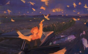 1girl 2025 bird car commentary dated highres motor_vehicle open_mouth original scenery short_hair signature too_many too_many_birds xilmo
