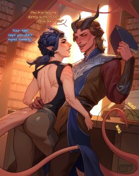 Rule 34 | 1boy, 1girl, absurdres, armor, artistic error, ass, back cutout, baldur's gate, baldur's gate 3, black hair, black shirt, book, brown hair, character request, clothing cutout, colored skin, commission, couple, demon boy, demon girl, demon horns, demon tail, dungeons & dragons, dungeons &amp; dragons, english text, hand on another's back, hetero, highres, holding, holding book, horns, leg between thighs, medium hair, poofroom fanart, red skin, shirt, shoulder armor, tail, tav (baldur's gate), tiefling