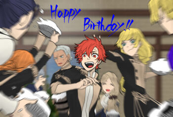 3girls 5boys :d ambush_demon_stealth_rogue_kagamijishi angry annette_fantine_dominic ashe_ubert blonde_hair blurry closed_eyes dedue_molinaro depth_of_field dimitri_alexandre_blaiddyd felix_hugo_fraldarius fire_emblem fire_emblem:_three_houses food garreg_mach_monastery_uniform green_eyes happy_birthday highres ingrid_brandl_galatea mercedes_von_martritz motion_blur multiple_boys multiple_girls nintendo open_mouth orange_hair pie red_eyes red_hair smile surprised sweatdrop sylvain_jose_gautier throwing throwing_food throwing_pie yurugife