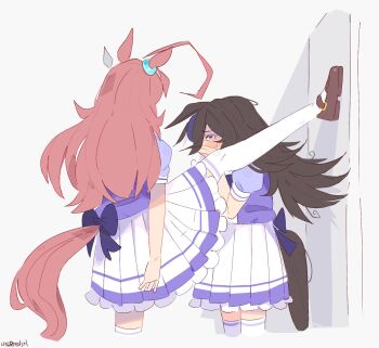 2girls ahoge animal_ears arm_at_side back_bow black_hair blush bow covered_mouth covering_own_mouth ear_ornament ears_down empty_eyes foot_against_wall foot_kabedon hair_over_one_eye hand_over_own_mouth hand_up hat highres horse_ears horse_girl horse_tail huge_ahoge kabedon leg_up locker_foot_kabedon_(meme) long_hair looking_at_another meme mihono_bourbon_(umamusume) miniskirt multiple_girls pleated_skirt purple_eyes raised_inner_eyebrows red_hair rice_shower_(umamusume) school_uniform shirt shirt_tucked_in shoes short_sleeves skirt split standing standing_on_one_leg standing_split tail thighhighs tracen_school_uniform turn_pale umamusume unfamousradish very_long_hair