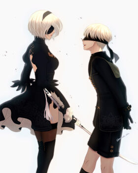 1boy 1girl 2b_(nier:automata) 9s_(nier:automata) arms_behind_back back_cutout black_boots black_dress black_gloves black_hairband black_jacket black_shorts black_thighhighs blindfold boots breasts closed_mouth clothing_cutout commentary covered_eyes dress face-to-face facing_another fanny_pack feather-trimmed_sleeves feet_out_of_frame from_side gloves grey_hair hairband highres holding holding_sword holding_weapon jacket juliet_sleeves long_sleeves medium_breasts mitsuki_nite nier:automata nier_(series) open_mouth profile puffy_sleeves short_hair shorts standing sword thigh_boots thighhighs thighhighs_under_boots twitter_username virtuous_contract weapon white_background