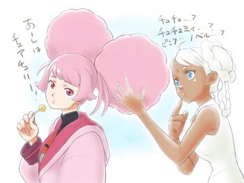 2girls ? afro_puffs aobito_sukoyaka_bystander bindi blue_eyes candy chuatury_panlunch crossover dark-skinned_female dark_skin food from_side gundam gundam_g_no_reconguista gundam_suisei_no_majo hair_bun head_tilt highres holding holding_candy holding_food holding_lollipop lollipop looking_at_another looking_to_the_side multiple_girls pink_hair raraiya_monday red_eyes sleeveless translation_request upper_body white_hair