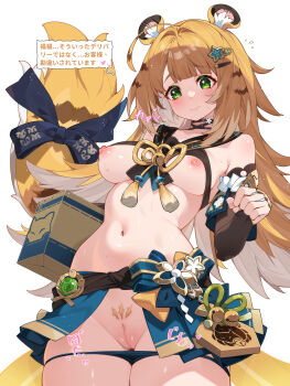 1girl animal_ears bike_shorts blonde_hair blue_ribbon blue_shorts blush bra bra_pull breasts breasts_out clothes_pull colored_inner_hair cosplay covered_erect_nipples fingernails green_eyes hair_ornament highres ju_fufu kirara_(genshin_impact) kirara_(genshin_impact)_(cosplay) long_hair medium_breasts mixed-language_commentary multicolored_hair navel nipples panties panty_pull pubic_hair pussy ribbon shorts simple_background solo star_(symbol) star_hair_ornament stomach sweat tail tail_ornament tail_ribbon tiger_ears tiger_girl tiger_tail two-tone_hair underwear waterring white_background white_hair zenless_zone_zero