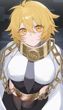 Rule 34 | 1girl, black necktie, black thighhighs, blonde hair, breasts, chain, chunta, closed mouth, coat, coat on shoulders, commentary, covered erect nipples, cuffs, cuffs-to-collar, don quixote (project moon), double-parted bangs, expressionless, feet out of frame, from above, gold chain, gold collar, hair between eyes, highres, index (identity) (project moon), large breasts, limbus company, looking at viewer, necktie, project moon, shackles, shirt, short hair, solo, standing, thighhighs, white coat, white shirt, yellow eyes