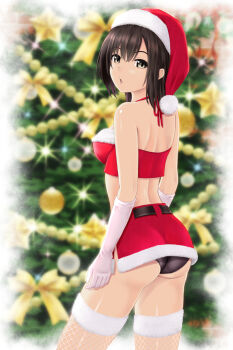 1girl arms_at_sides ass back bare_shoulders belt black_belt black_hair black_panties blurry bow breasts brick_wall chestnut_mouth christmas christmas_ornaments christmas_tree commentary_request cowboy_shot crop_top crotch_seam depth_of_field elbow_gloves fishnet_thighhighs fishnets from_behind from_side fur-trimmed_headwear fur-trimmed_legwear fur-trimmed_skirt fur_trim gloves grey_eyes hair_between_eyes halterneck hat highres looking_at_viewer looking_back looking_to_the_side medium_hair microskirt midriff nonaka_ritsu original panties pantyshot parted_lips red_hat red_skirt santa_costume santa_hat shiny_skin side_slit skirt small_breasts solo sparkle standing star_(symbol) straight_hair thighhighs touka_(nonaka_ritsu) tree underwear white_gloves yellow_bow