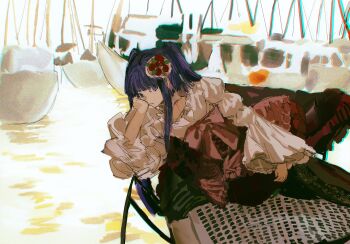 Rule 34 | against railing, ashashio, black pantyhose, blue eyes, blue hair, blunt bangs, boat, cross-laced clothes, cross-laced skirt, dress, expressionless, flower, frilled skirt, frilled sleeves, frills, furudo erika, hair flower, hair ornament, hand on own cheek, hand on own face, high-waist skirt, highres, juliet sleeves, layered dress, leaning to the side, long hair, long sleeves, looking at viewer, on boat, overexposure, painterly, pantyhose, puffy sleeves, railing, red skirt, sailboat, shirt, skirt, twintails, umineko no naku koro ni, water, watercraft, white shirt