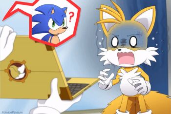 ? animated animated_gif blue_fur blue_hair child computer fox furry hedgehog laptop maneki_penguin multiple_tails sega shota sonic_(series) sonic_the_hedgehog spiked_hair surprised tail tails_(sonic) two_tails yellow_fur yelow_hair