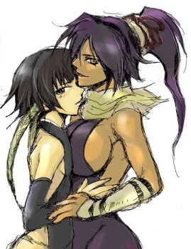 2011 2girls artist_request black_hair bleach breasts large_breasts long_hair multiple_girls ponytail shihouin_yoruichi sideboob sui-feng