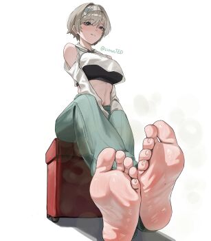 1girl absurdres bare_shoulders barefoot black_sports_bra blue_eyes breasts chair citrus_ted citrusted clothing_cutout commentary crop_top crossed_legs drawstring feet foot_focus full_body goddess_of_victory:_nikke green_pants grey_hair hair_between_eyes hairband highres hood hood_down hooded_shirt large_breasts looking_at_viewer midriff mole_on_foot navel paid_reward_available pants parted_lips prika_(nikke) shadow shirt short_hair shoulder_cutout sidelocks simple_background sitting smell smile solo sports_bra steam twitter_username white_background white_hairband white_shirt