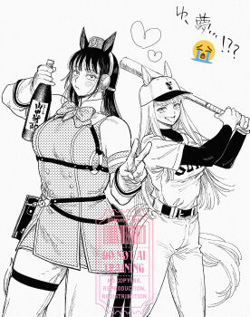 2girls agawa_sensei_(strikeout_pitch) agawa_sensei_(strikeout_pitch)_(cosplay) alcohol animal_ears baseball_bat baseball_cap baseball_jersey baseball_uniform belt belt_pouch blush bottle bow bowtie buttons chest_harness choppy_bangs commentary_request cosplay costume_switch cowboy_shot crossover crying_emoji double-breasted dress ear_covers ears_through_headwear emoji gold_ship_(umamusume) gold_ship_(umamusume)_(cosplay) greyscale hands_up harness hat heart height_difference highres holding holding_baseball_bat holding_bottle horse_ears horse_girl horse_tail jersey koko_(koko_ni_namae_wo_nyuuryoku) layered_sleeves long_hair long_sleeves mole mole_under_eye monochrome multiple_girls o-ring o-ring_harness pants pillbox_hat pouch print_shirt sanpaku shirt shirt_tucked_in short_over_long_sleeves short_sleeves sleeveless sleeveless_dress sportswear standing strikeout_pitch tail thigh_strap tongue tongue_out umamusume undershirt v watermark