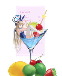 Rule 34 | 1girl, absurdres, alcohol, animal ears, aqua bow, aqua bowtie, backless leotard, blonde hair, blue archive, blue bow, blue eyes, blue footwear, blue halo, blue leotard, blunt bangs, bow, bowtie, braid, breasts, cherry, cocktail glass, cup, detached collar, double v, drinking glass, dudwns, earpiece, expressionless, fake animal ears, food, french braid, fruit, hair bow, hair intakes, halo, high heels, highres, knees up, lemon, lemon slice, leotard, long hair, looking at viewer, medium breasts, mini person, minigirl, multicolored hair, official alternate costume, playboy bunny, rabbit ears, sideboob, sidelocks, simple background, sitting on liquid, strapless, strapless leotard, strawberry, streaked hair, text background, thighhighs, toki (blue archive), toki (bunny) (blue archive), tsurime, v, very long hair, white background, white thighhighs, wrist cuffs