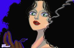 Rule 34 | 1girl, black hair, blue background, brown gloves, close-up, commentary, curly hair, english commentary, gloves, green eyes, highres, holding, holding smoking pipe, itstheenami, long hair, looking at viewer, one piece, paula (one piece), red lips, simple background, smoke, smoking pipe, solo, twitter username