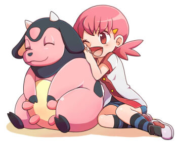 1girl blush buttons chibi chibi_only commentary_request gen_2_pokemon leaning_on_animal lowres miltank momiage nintendo one_eye_closed open_mouth pink_hair pokemon pokemon_(creature) pokemon_hgss red_eyes shadow shirt shoes simple_background sneakers socks striped_clothes striped_socks white_background white_shirt whitney_(pokemon)