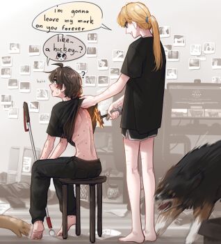 2girls 2others ? absurdres bare_legs barefoot black_pants black_shirt black_shorts blind blonde_hair blue_eyes blush body_freckles branding_iron brown_hair cane cat_baguette_(popopoka) chair chaos_(warhammer) clothes_lift commentary computer desk dog english_commentary english_text erika_(popopoka) freckles highres imminent_bite imminent_branding indoors long_hair messy_room monitor multiple_girls multiple_others multiple_scars on_stool original pants photo_(object) ponytail popopoka ribs scar self-harm_scar shirt shirt_lift short_hair short_shorts shorts skinny smile smiley_face sophie's_dog_(popopoka) sophie_(popopoka) speech_bubble spoken_emoji stool sweat swivel_chair track_pants warhammer_40k white_cane