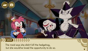 3girls amy_rose amy_rose_(journalist) apron blade bow bowtie canni_can dress english_text everyone fake_screenshot furry furry_female gameplay_mechanics gloves green_eyes hat header headgear headwear_request highres machine maid multiple_girls narrow_waist ninja_(sonic_frontiers) pink_fur pink_hair red_eyes sage_(sonic) sega sonic_(series) sonic_frontiers the_murder_of_sonic_the_hedgehog thick_thighs thighhighs thighs uniform visual_novel white_hair wide_hips