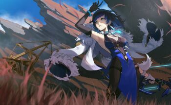 1girl absurdres arm_up armpits bare_shoulders black_hair blue_eyes blue_hair bob_cut bow_(weapon) breasts cleavage cliff diagonal_bangs dice earrings fur_trim genshin_impact gloves grass highres holding holding_bow_(weapon) holding_weapon jacket jewelry large_breasts multicolored_hair nigate short_hair smile solo weapon wind yelan_(genshin_impact)