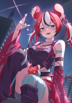 1girl :d animal_ears asymmetrical_legwear black_hair black_leg_warmers black_shirt blue_eyes blue_thighhighs breasts colored_tips commentary_request criss-cross_halter cropped_shirt crossed_bangs detached_hair detached_sleeves dice double-parted_bangs extra_ears hair_between_eyes hakos_baelz halterneck highres holding holding_dice hololive hololive_english ilie_ilie impossible_hair jewelry leg_warmers looking_at_viewer medium_breasts mouse_ears mouse_girl mouse_tail mr._squeaks_(hakos_baelz) multicolored_hair necklace night official_alternate_costume official_alternate_hairstyle open_mouth outdoors red_hair red_sleeves sharp_teeth shirt single_thighhigh sitting sleeveless sleeveless_shirt smile solo streaked_hair tail teeth thighhighs torn_clothes torn_thighhighs twintails uneven_legwear virtual_youtuber white_hair wide_sleeves