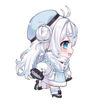 Rule 34 | 1girl, :d, antennae, asymmetrical legwear, beret, black shoes, blue eyes, blue hair, blue hat, blue skirt, blue socks, blush, chibi, chitetan, commentary request, copyright request, dotted line, double bun, from side, full body, hair bun, hair ornament, hairclip, hat, heart, high heels, jacket, long sleeves, mismatched legwear, multicolored hair, open clothes, open jacket, open mouth, profile, puffy long sleeves, puffy sleeves, shirt, shoes, simple background, skirt, sleeves past wrists, smile, socks, solo, streaked hair, virtual youtuber, walking, watermark, white background, white hair, white jacket, white shirt, white socks