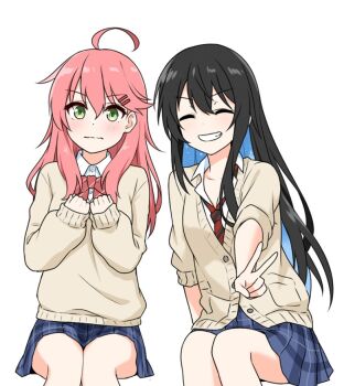 2girls ahoge bellezza_felutia black_hair blue_skirt blush bow buttons closed_eyes closed_mouth commentary_request felutiahime green_eyes hair_between_eyes hololive jacket long_hair long_sleeves multiple_girls pink_hair red_bow sakura_miko school_uniform shirt skirt smile sweater v virtual_youtuber white_shirt