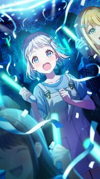 blonde_hair blue_eyes closed_eyes confetti gakuen_idolmaster game_cg glowstick green_eyes grey_hair hair_ornament hairclip holding idolmaster katsuragi_lilja multicolored_hair official_art open_mouth orange_hair overalls shiun_sumika