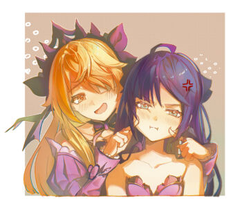 2girls ahoge anger_vein bare_shoulders black_hair blonde_hair blue_eyes blush border cheek_poking commentary didronixx english_commentary facing_viewer fischl_(ein_immernachtstraum)_(genshin_impact) fischl_(genshin_impact) genshin_impact hair_over_one_eye long_sleeves looking_at_another looking_at_viewer mona_(genshin_impact) multiple_girls no_headwear open_mouth poking red_eyes white_border