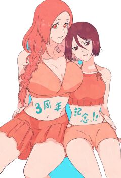 Rule 34 | 2girls, bikini, bikini top only, black hair, bleach, body writing, braid, breasts, camisole, cleavage, commentary request, crop top, hair between eyes, height difference, highleg, highleg panties, highres, inoue orihime, kuchiki rukia, large breasts, limited palette, long hair, m1gm1gmagnesium, midriff, miniskirt, multiple girls, navel, orange camisole, orange eyes, orange hair, panties, short hair, short shorts, shorts, sitting, skirt, small breasts, swimsuit, translation request, underwear