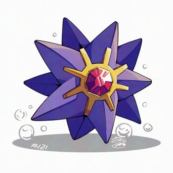 bubble full_body gen_1_pokemon mistray-art nintendo no_humans pokemon pokemon_(creature) signature simple_background solo starmie white_background